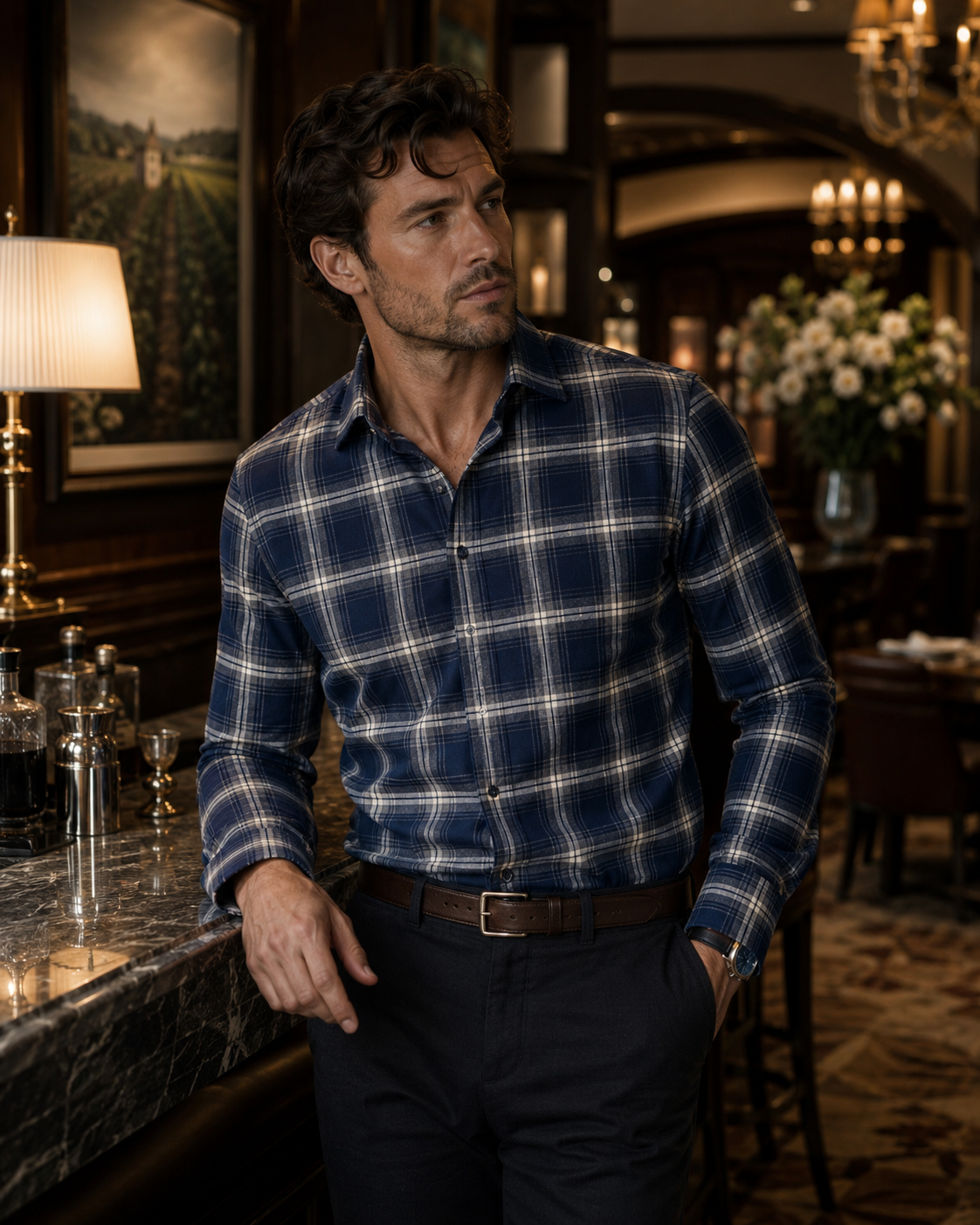 Button Up Window Pane Lightweight Brushed Cotton - Ecru / Blue