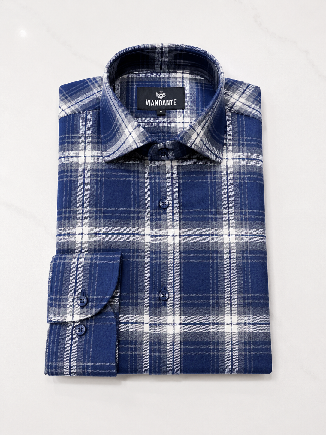 Button Up Window Pane Lightweight Brushed Cotton - Ecru / Blue
