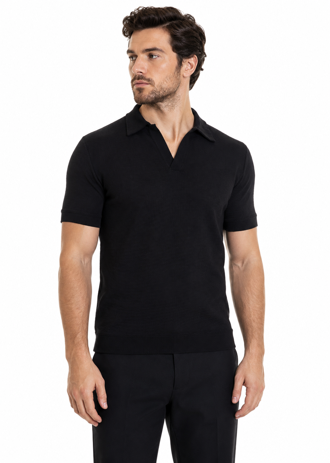 Johnny Collar V Neck Henley - Black
