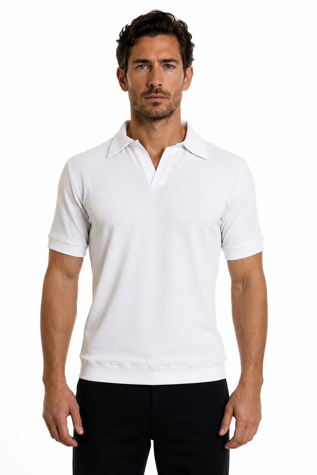 Johnny Collar V Neck Henley - White