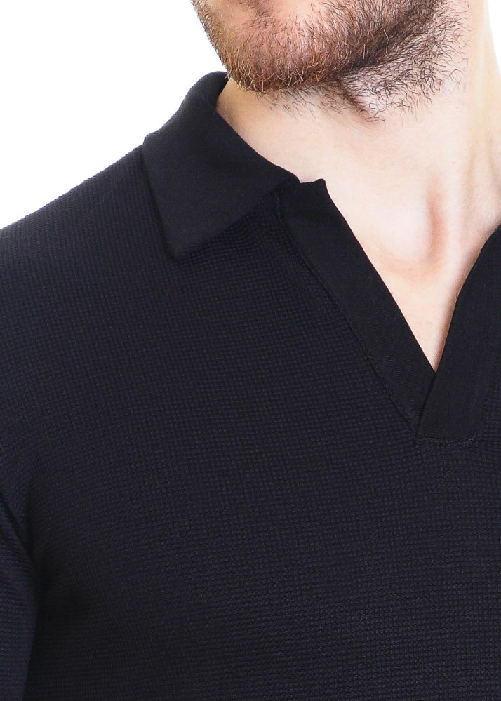 Johnny Collar V Neck Henley - Black