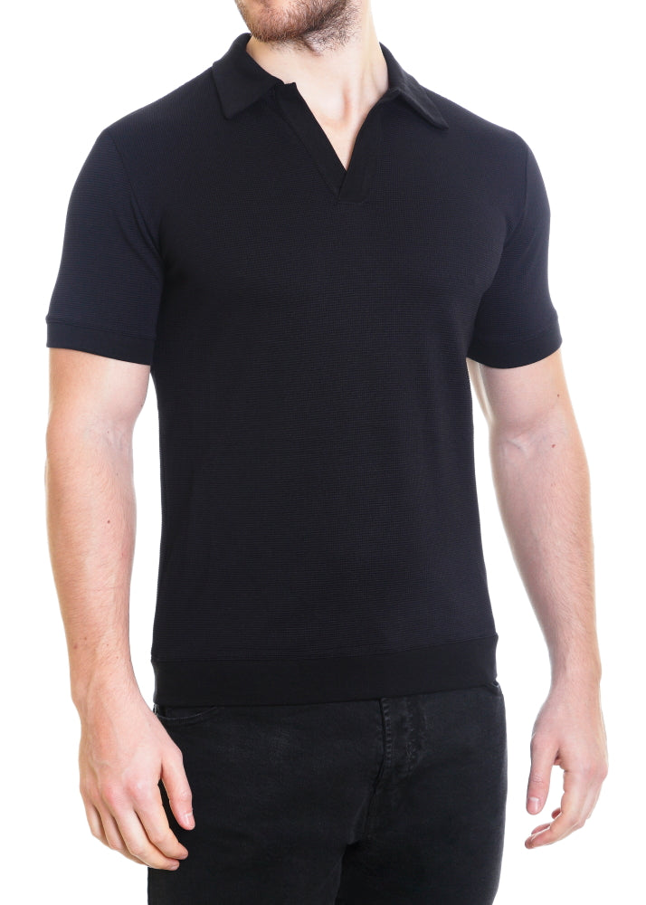 Johnny Collar V Neck Henley - Black